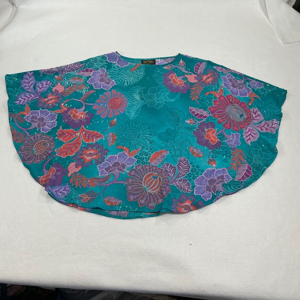 Bob Mackie Wearable Art Teal Floral Sequin Poncho Top A379195 XXS